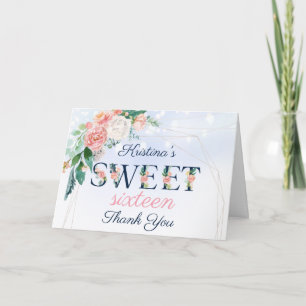Carte Floral bleu vintage et rose sucré 16 Mercis