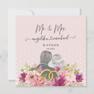 Carte Floral Blush Peonies Script tendance Mr et Mrs.
