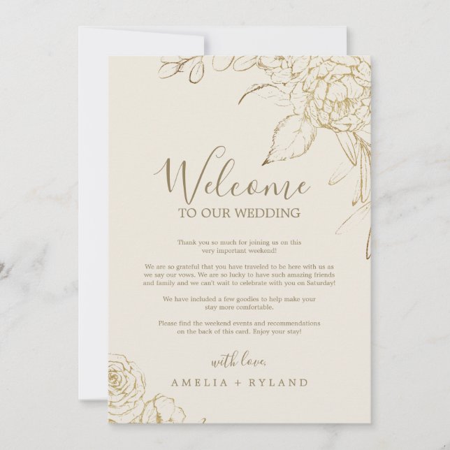Carte Floral doré | Lettre de bienvenue et itéraire (Devant)
