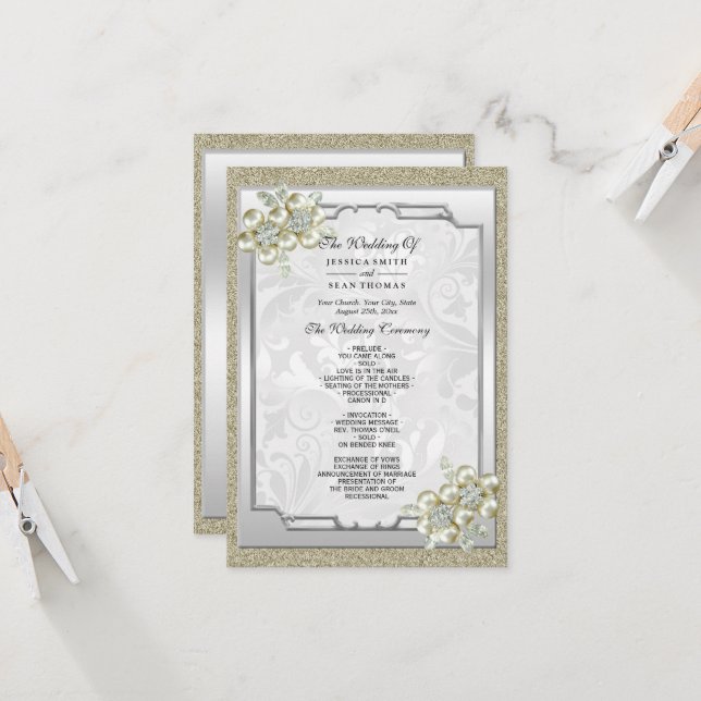 Carte Floral Gem encadré, Gold & Silver Wedding Programm (Devant/Arrière en situation)