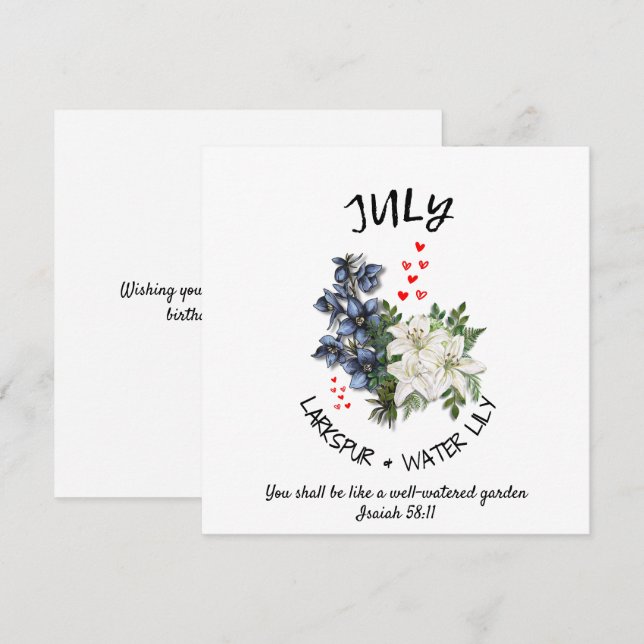 Carte Floral JUILLET Mois de naissance Fleur Custom Chri (Devant / Derrière)