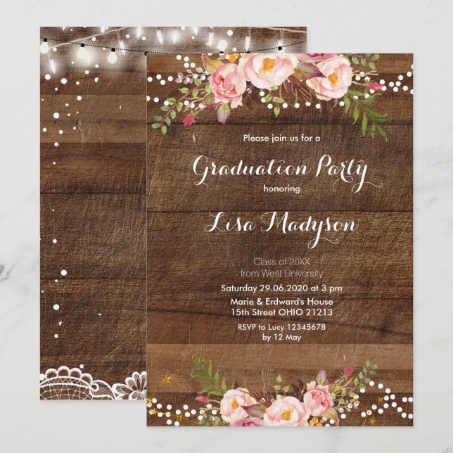 Carte Floral Lace String Lights Graduation Party (Devant / Derrière)