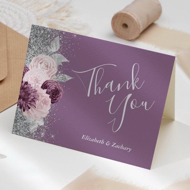 Carte Floral Mauve Blush Merci Mariage argent (Créateur téléchargé)