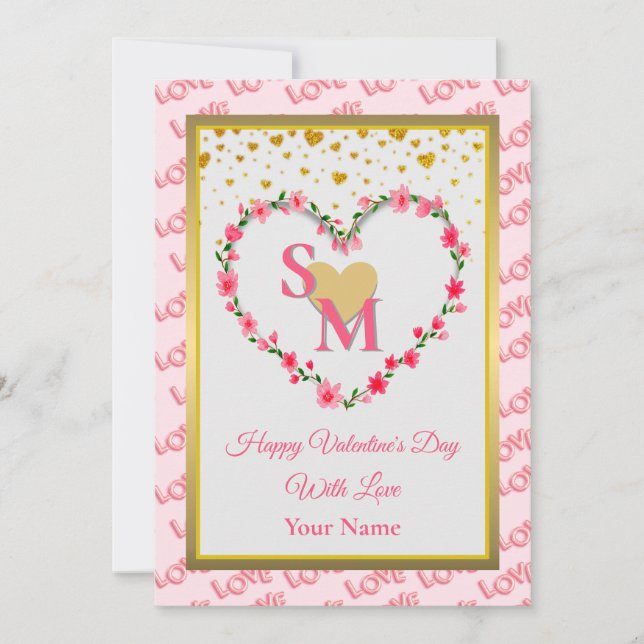 Carte Floral Monogramme Saint Valentin au coeur d'or (Devant)
