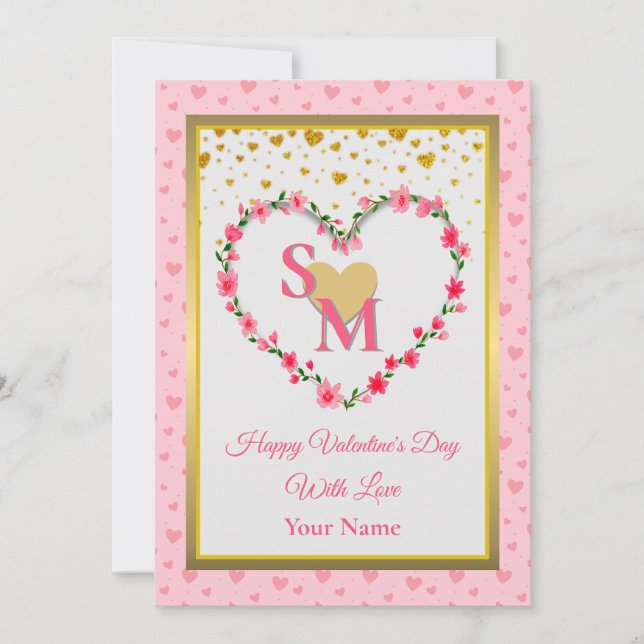 Carte Floral Monogramme Saint Valentin au coeur d'or (Devant)