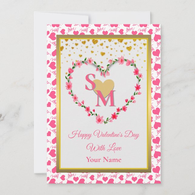 Carte Floral Monogramme Saint Valentin au coeur d'or (Devant)