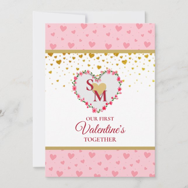 Carte Floral Monogramme Saint Valentin au coeur d'or (Devant)