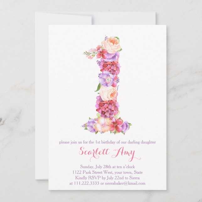 Carte Floral Numéro 1 ; invitations à 1er annivers (Devant)