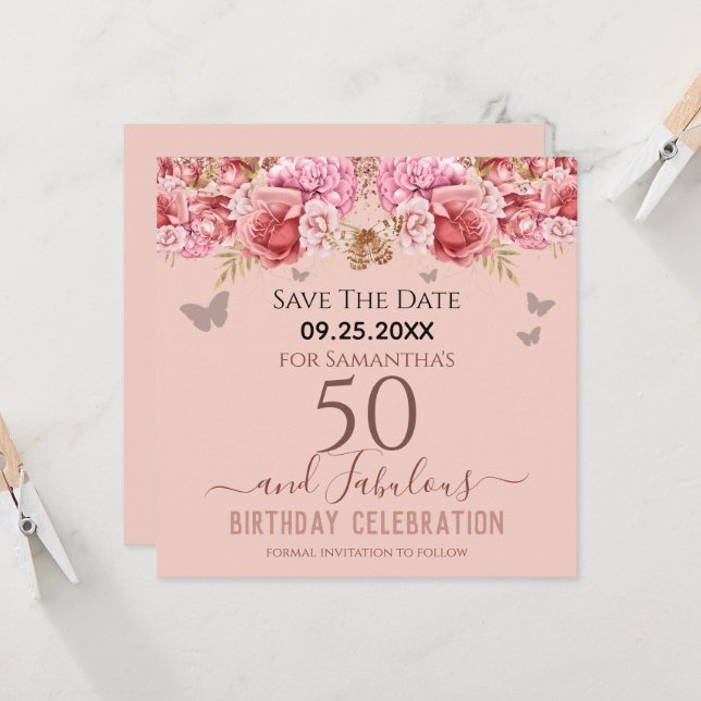 Carte Floral rose 50e anniversaire Enregistrer la date (Devant/Arrière en situation)