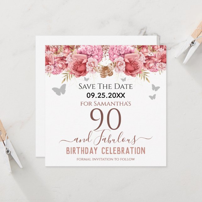 Carte Floral rose 90e anniversaire Enregistrer la date (Devant/Arrière en situation)