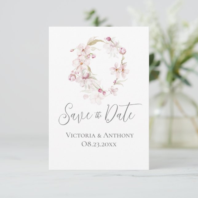 Carte Floral Script mariage rose Enregistrer la date (Debout devant)