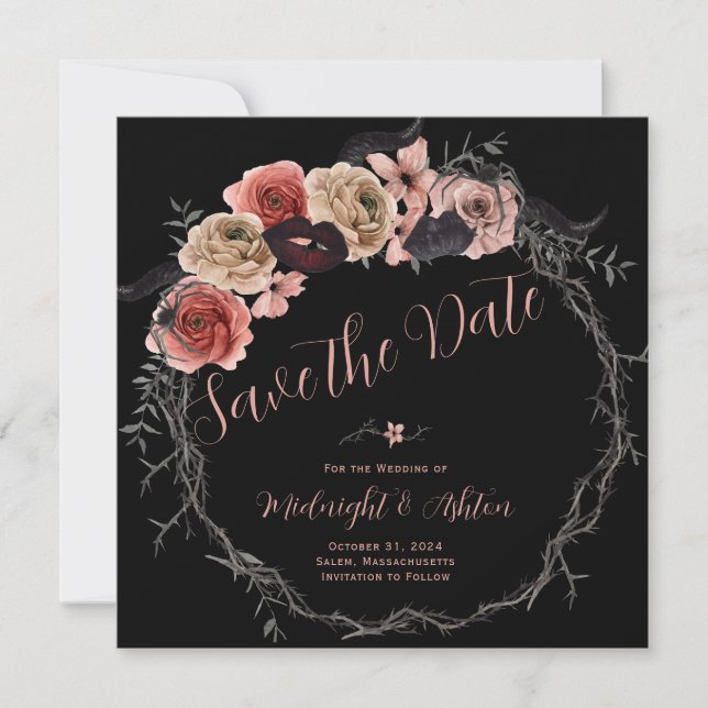 Carte Floral Wreath Gothic Enregistrer la date (Devant)