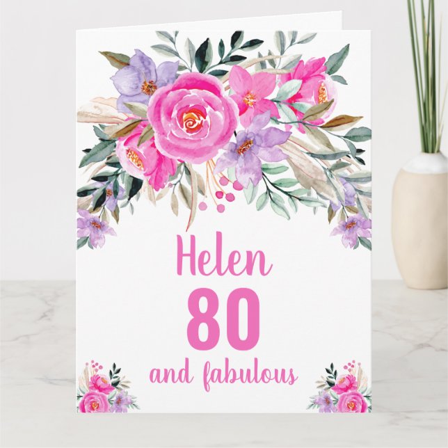 Carte florale aquarelle rose pour 80e anniversaire (Devant)