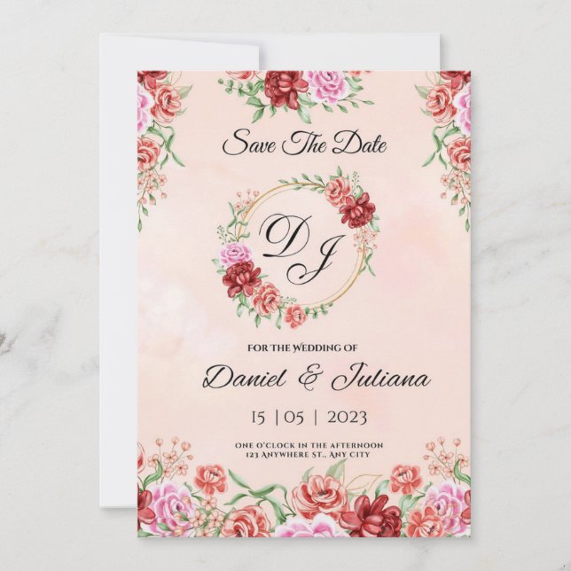 Carte florale aquarelle rouge beige, élégante fl (Devant)