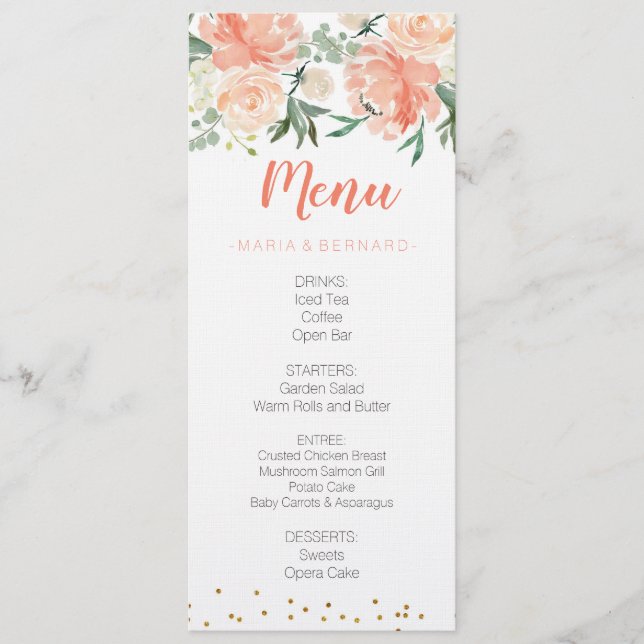Carte florale chic de menu d'or de pêche (Devant)