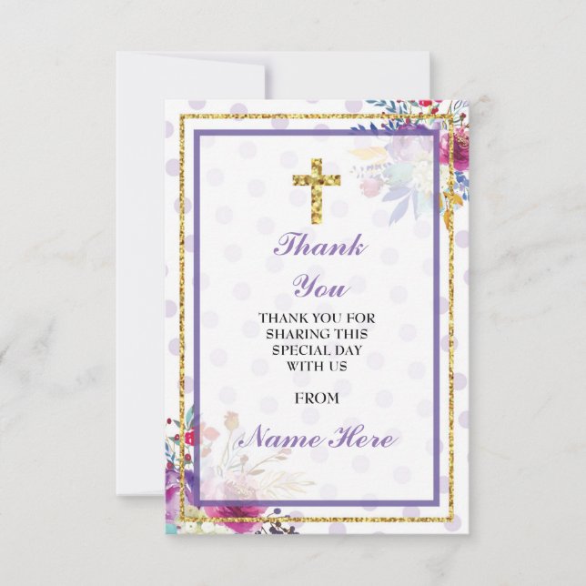 Carte florale croisée sainte religieuse de baptême (Devant)