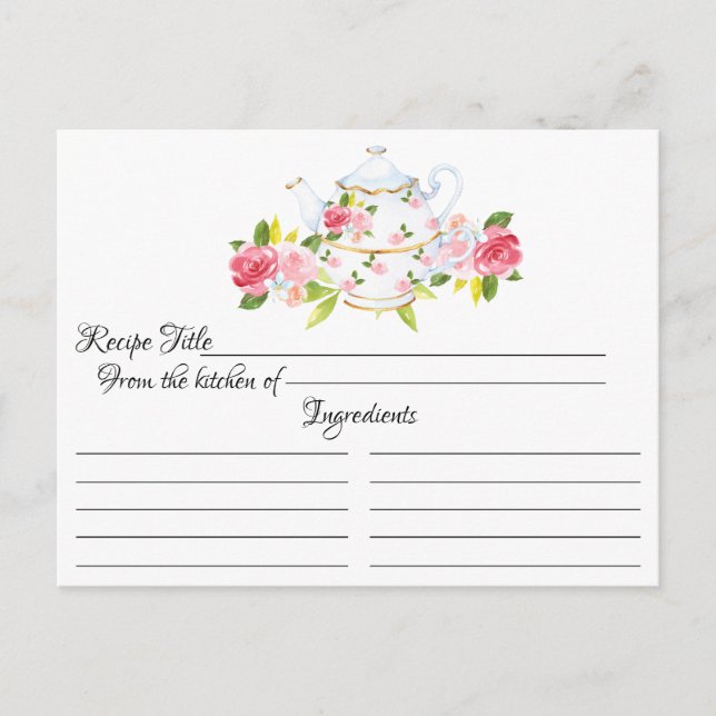 Carte florale de recette de pot rose de thé de cru (Devant)