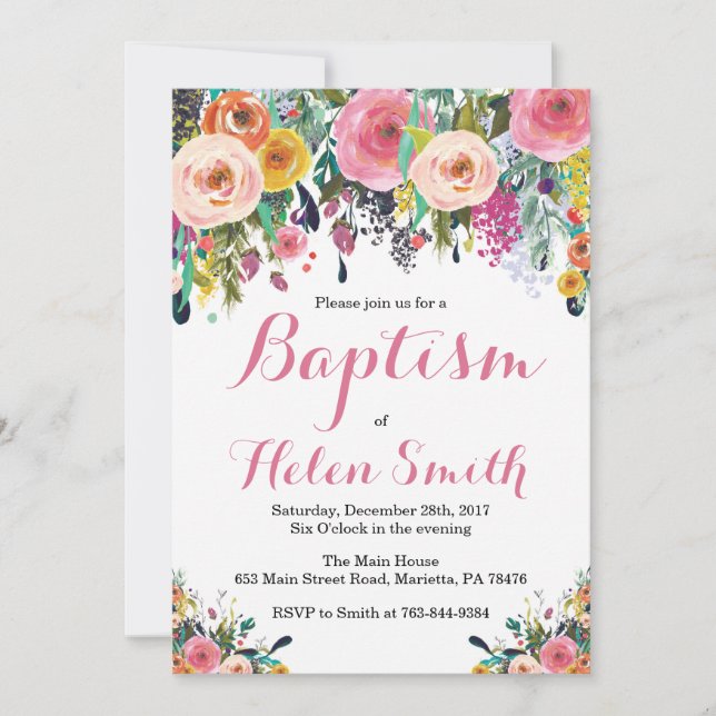 Carte florale d'invitation de baptême (Devant)