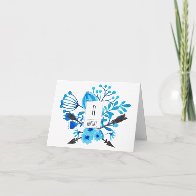 Carte florale Monogramme Blank Note Fleurs bleues (Devant)
