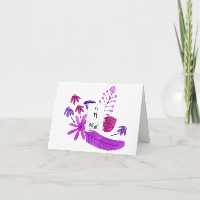 Carte florale Monogramme Nota blanche Fleurs viole (Devant)
