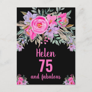 Carte florale noire couleur rose 75e anniversaire