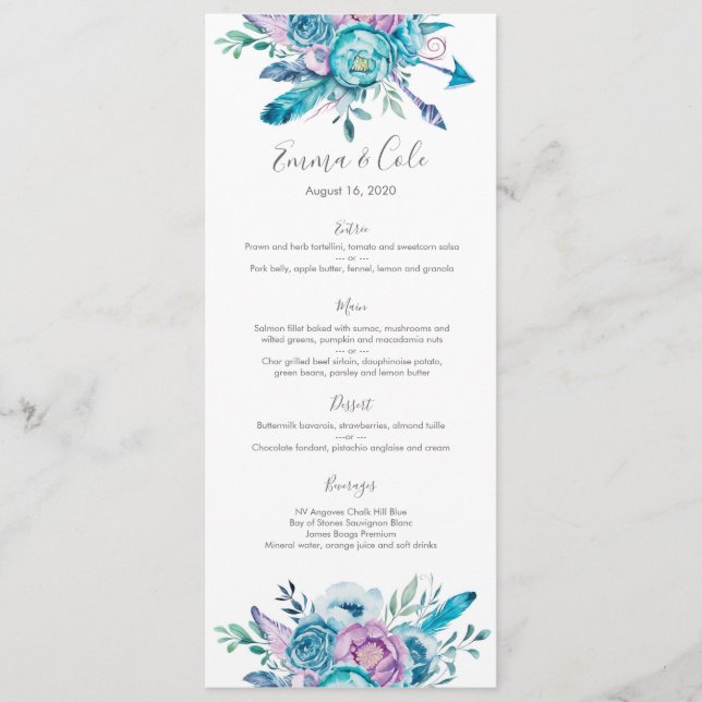 Carte florale pourpre et bleue de menu/programme (Devant)