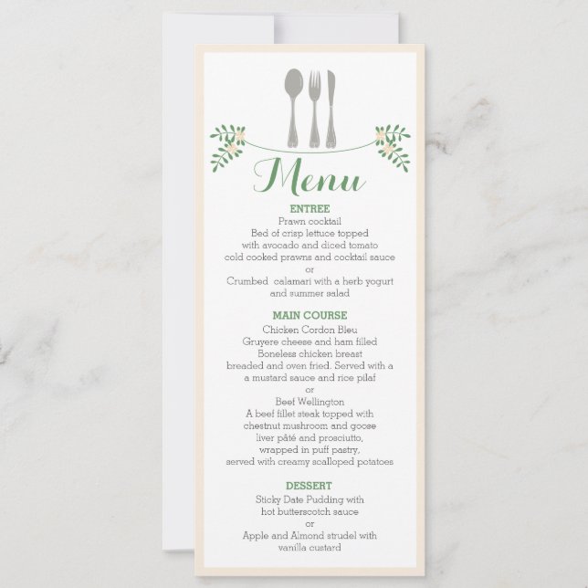 Carte florale rustique de menu de dîner de (Devant)