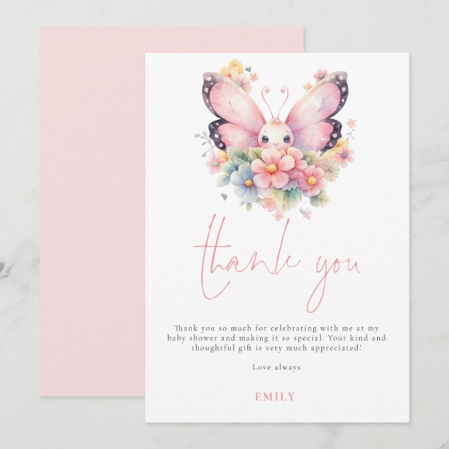 Carte Florales papillons modernes Baby shower Merci (Devant / Derrière)