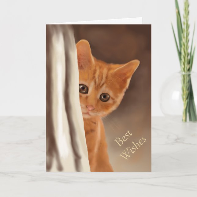 Carte Fluffy Ginger Kitten Derrière le rideau (Devant)