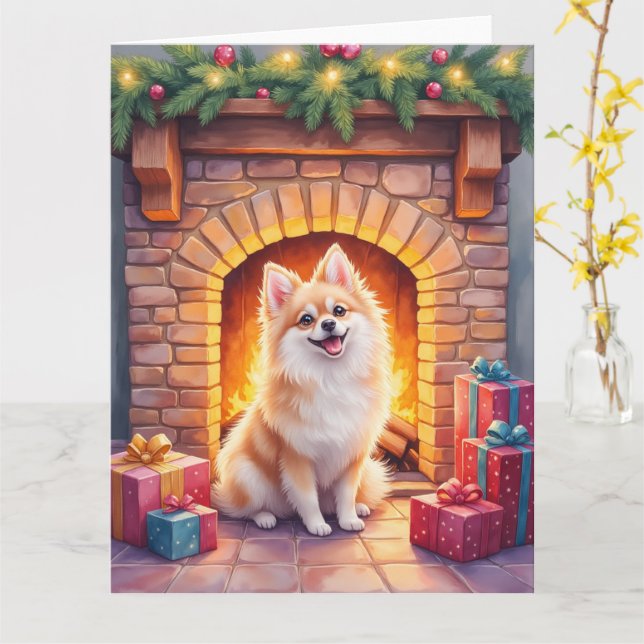 Carte Fluffy Pomeranian Cozy Christmas Fireplace Dog Art (Fleur jaune)
