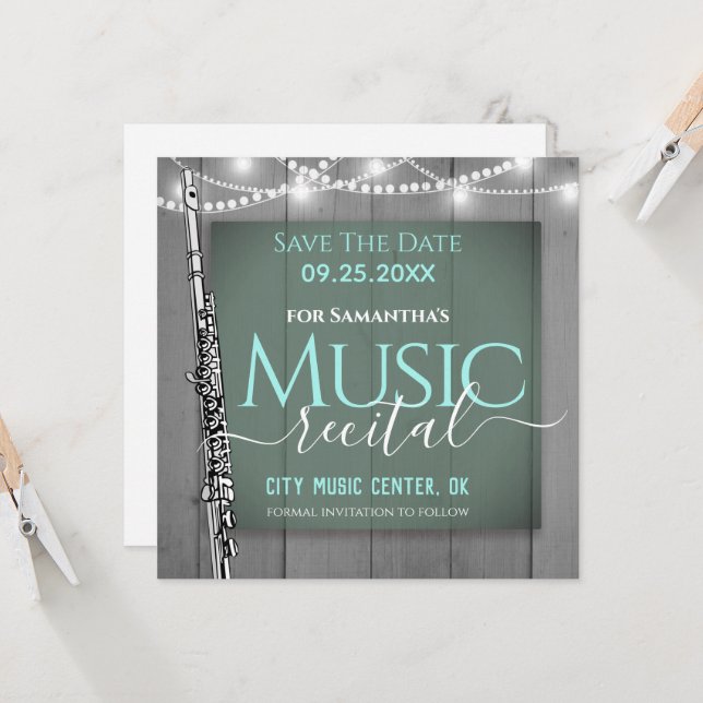 Carte Flute Music Considérant Enregistrer la date (Devant/Arrière en situation)