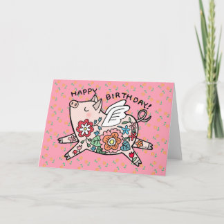 Carte Flying Pig Cute Joyeux Anniversaire Angel Pig Flor