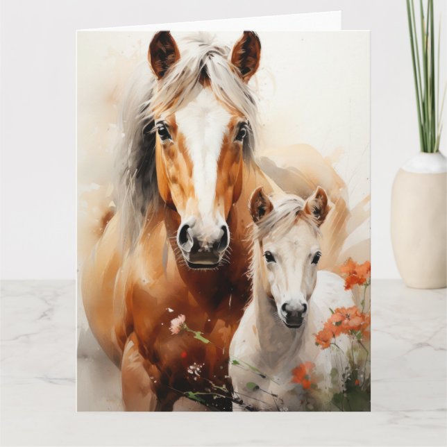 Carte Foal et cheval dans la prairie de pavot (Devant)