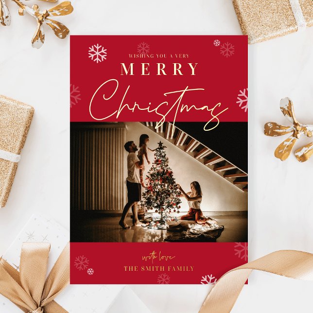 Carte Foil Famille Red One de Noël (Elegant red and gold foil family photo greeting cards for the festive season)