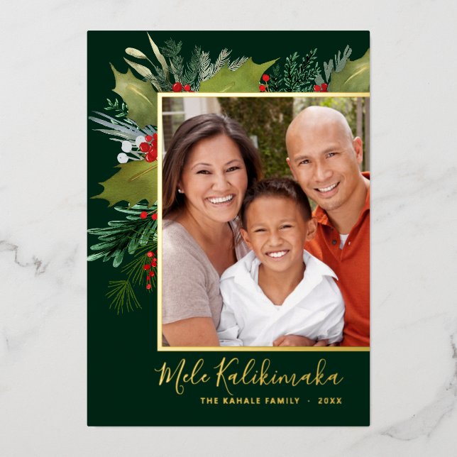 Carte Foil Photo Holly Mele Kalikimaka Christmas (Recto)