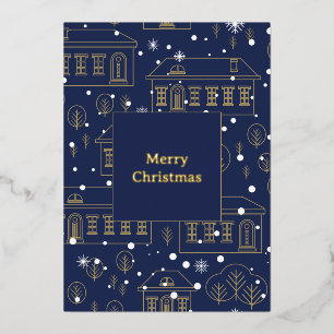 Carte Foil Village de Noël bleu et or