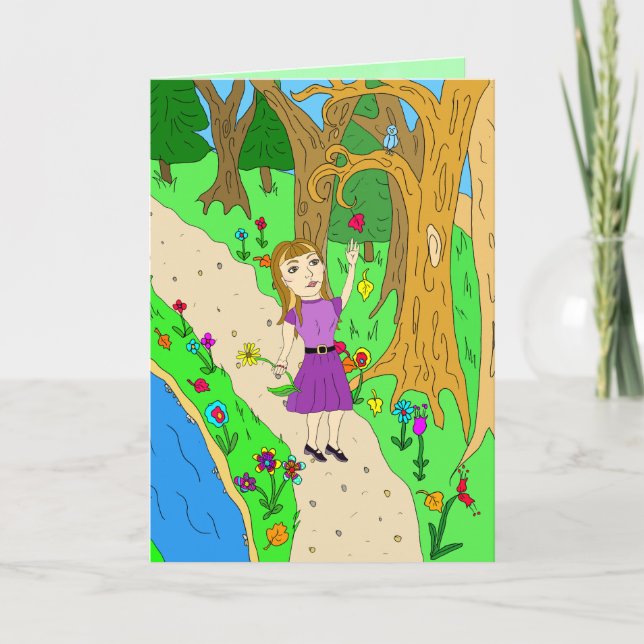 Carte Folk Art Girl on Fall Trail à Woods Dire Salut (Devant)