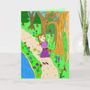 Carte Folk Art Girl on Fall Trail à Woods Dire Salut
