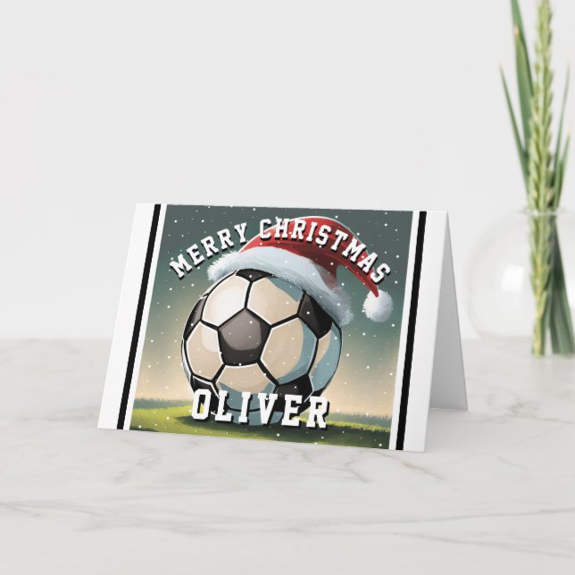 Carte Football Football Bal Santa Chapeau Nom Noël (Devant)
