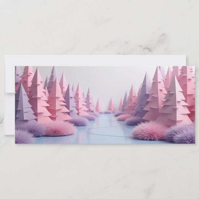 Carte foret de sapins origami rose  (Devant)