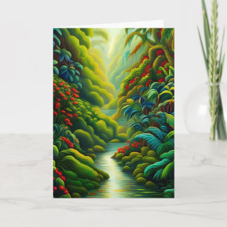 Carte Forêt tropicale luxuriante avec fleurs et ruisseau