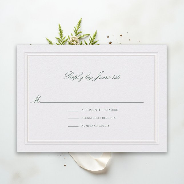 Carte Formal Classic Green Elevated Pearl Wedding RSVP (modern classic wedding rsvp reply forest green type double frame pearl formal traditional stately)