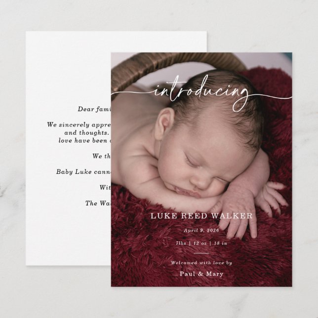 Carte Formal Introducing Photo Baby Announcement Card (Devant / Derrière)