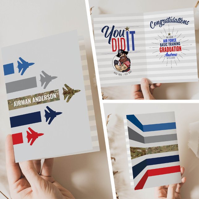 Carte Formation de base de la Force aérienne 433 Raiders (Air Force Basic Training BMT Graduation Card 433 TRS Raiders Jet Flight Formation front inside back)