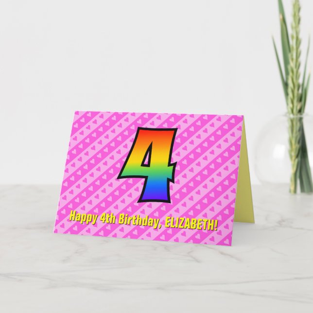 Carte Fou rayé de rose, coeurs, arc-en-ciel # 4ème anniv (Devant)