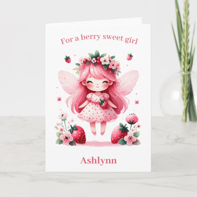 Carte Fraise rose Fée Berry Anniversaire (Devant)