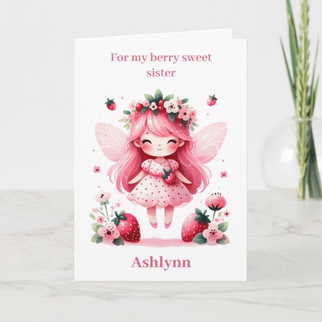 Carte Fraise rose Fée Berry Anniversaire Soeur (Devant)