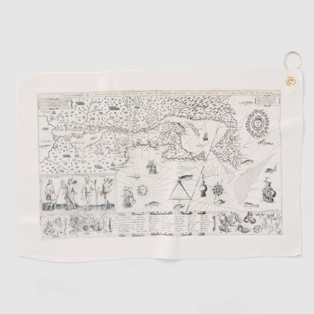 Carte Française Canada (Québec) par Champlain 1612 Golf Towel (Horizontal)
