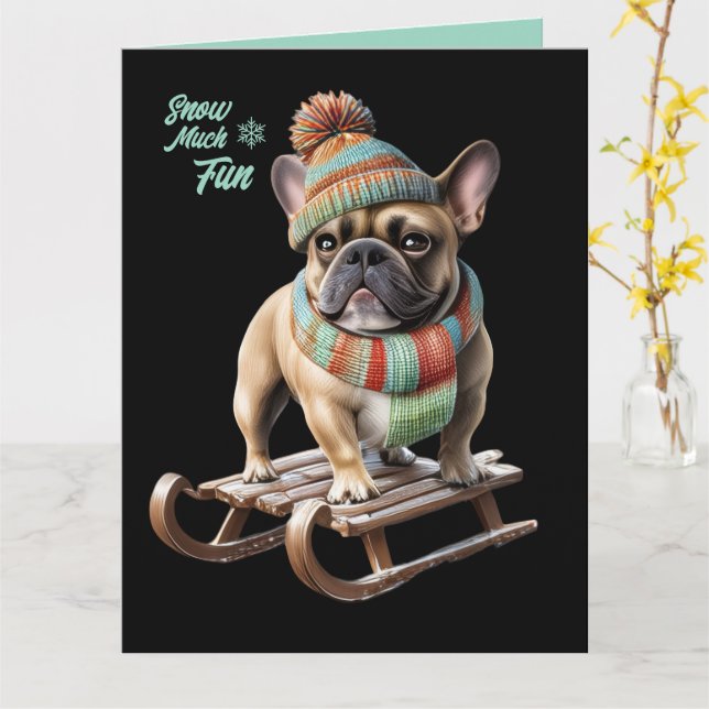 Carte Französische Bulldogge Schlitten Urlaub (Fleur jaune)