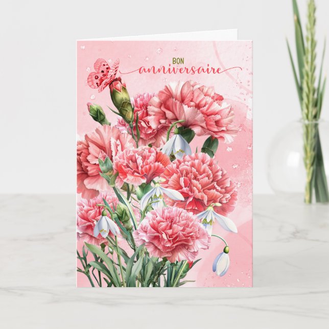 Carte French Bon Anniversaire Oeillets roses (Devant)